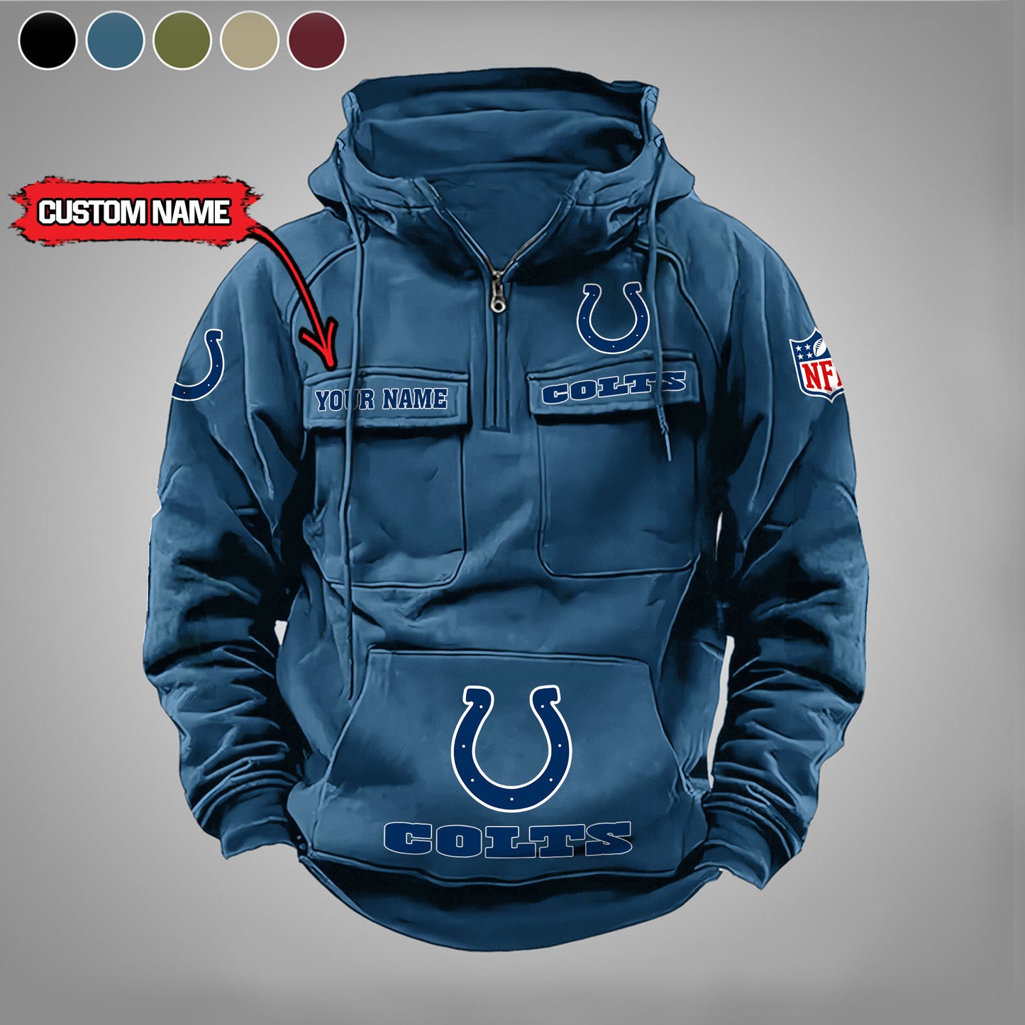 Indianapolis Colts  New Personalized Multi-Pockets Zip Hoodie AZBTMZHD000023