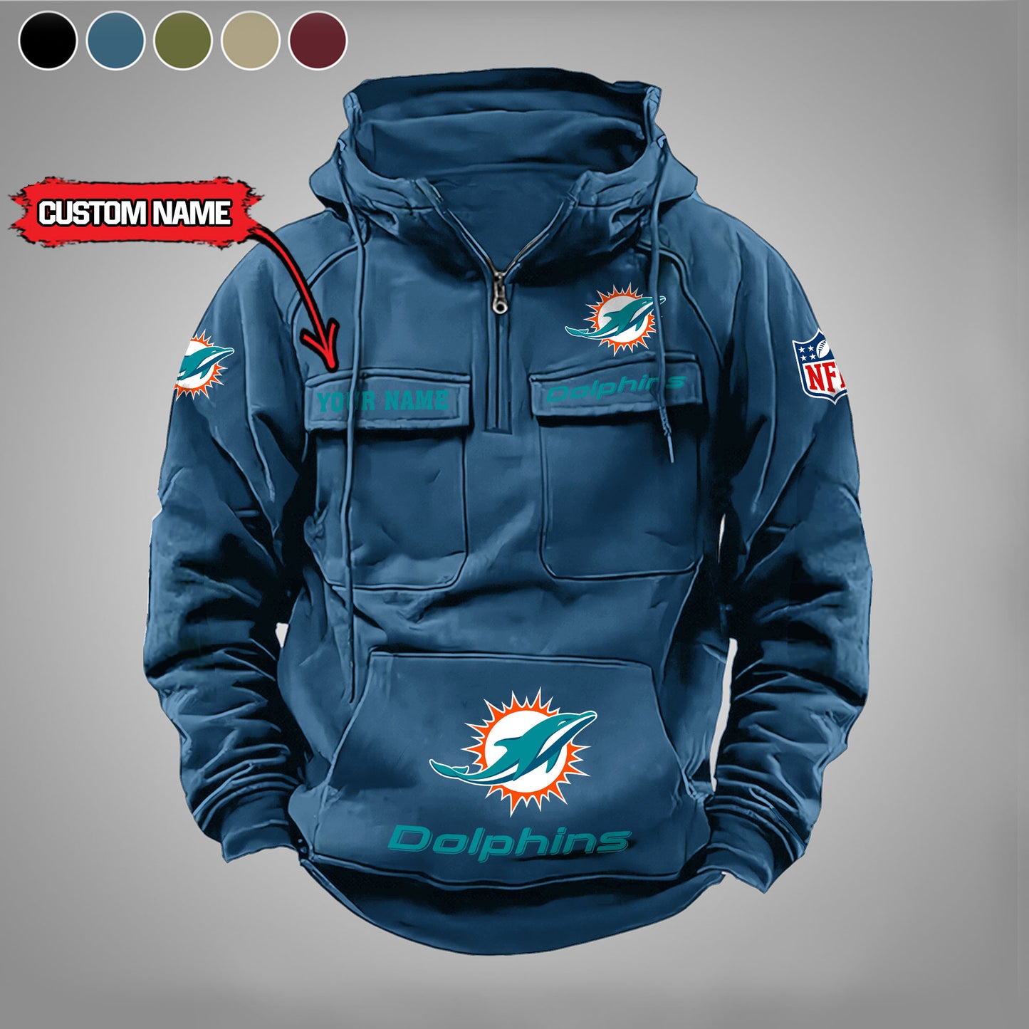 Miami Dolphins  New Personalized Multi-Pockets Zip Hoodie AZBTMZHD000010