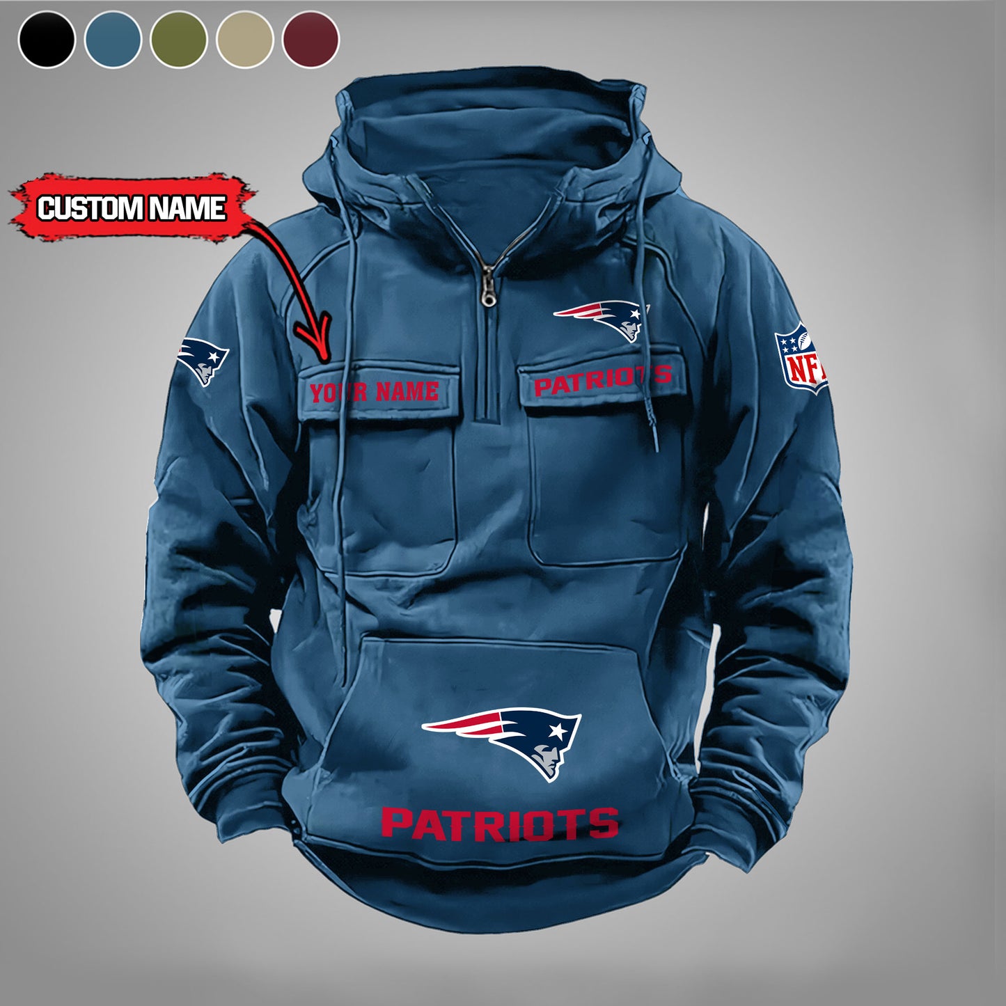 New England Patriots New Personalized Multi-Pockets Zip Hoodie AZBTMZHD000012