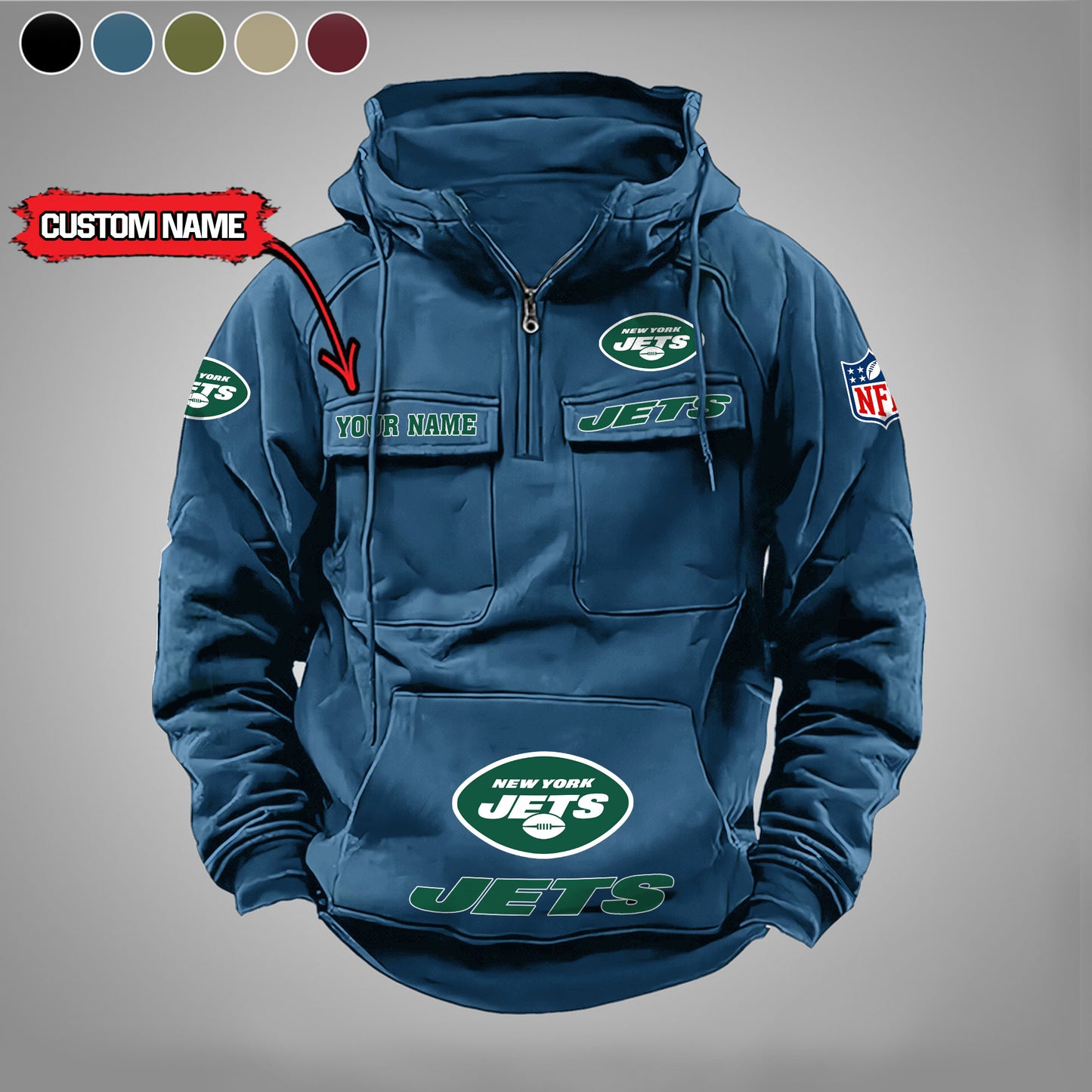 New York Jets New Personalized Multi-Pockets Zip Hoodie AZBTMZHD000031