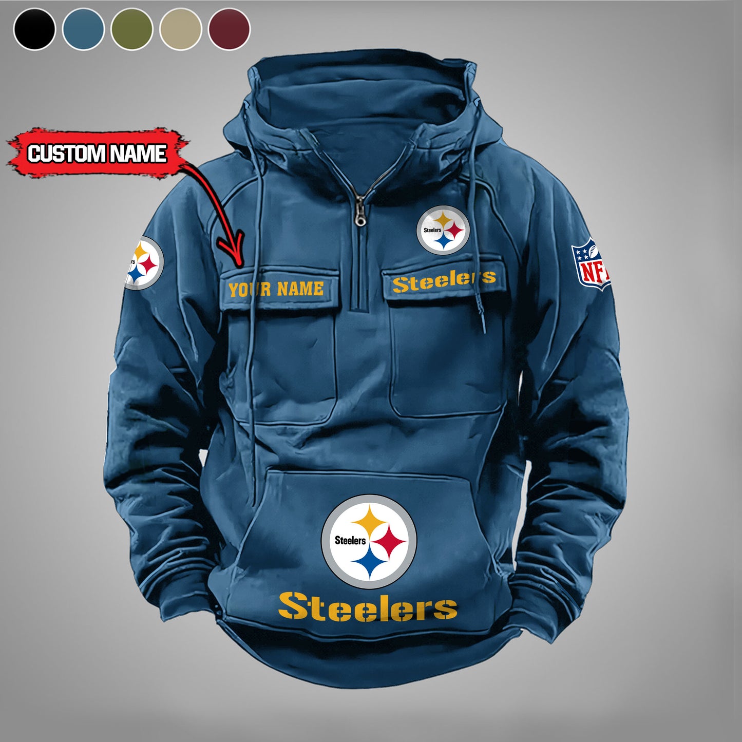 Pittsburgh Steelers  New Personalized Multi-Pockets Zip Hoodie AZBTMZHD000001