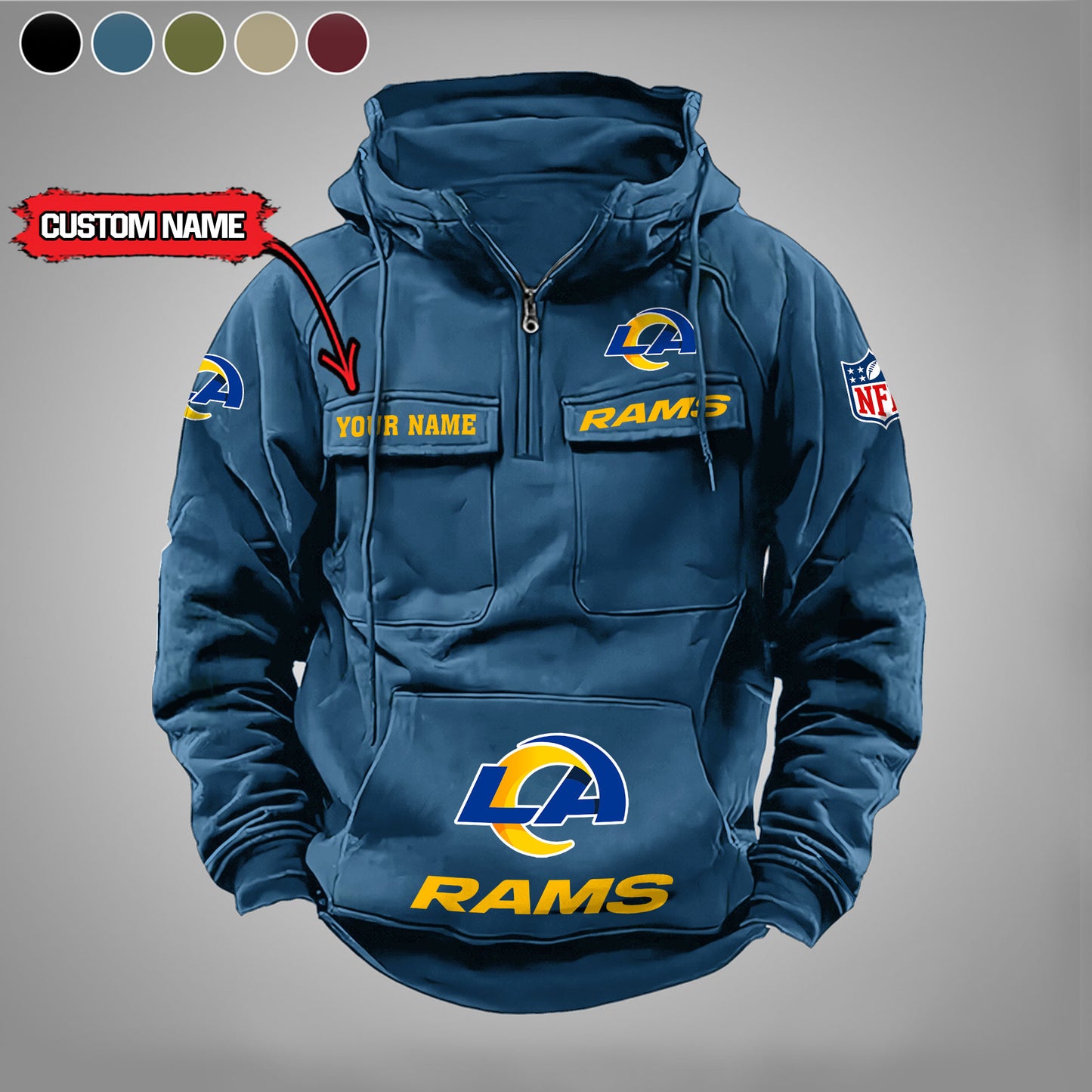 Los Angeles Rams New Personalized Multi-Pockets Zip Hoodie AZBTMZHD000002
