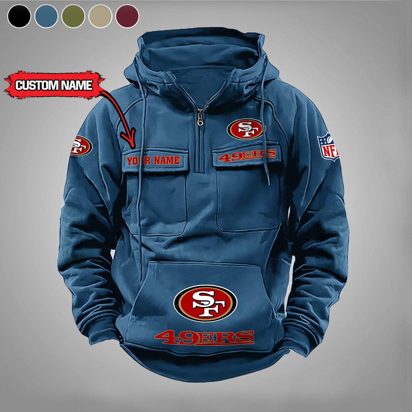 San Francisco 49ers New Personalized Multi-Pockets Zip Hoodie AZBTMZHD000004