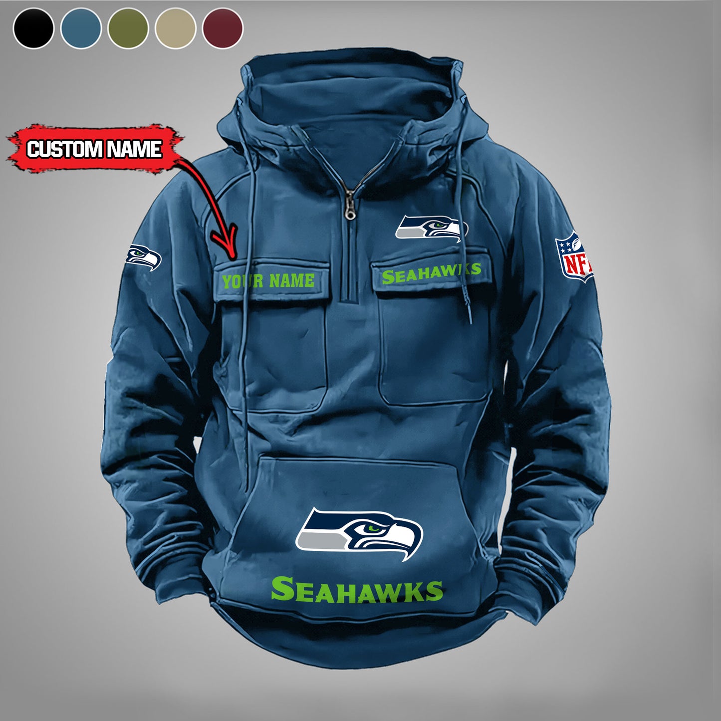 Seattle Seahawks  New Personalized Multi-Pockets Zip Hoodie AZBTMZHD000005