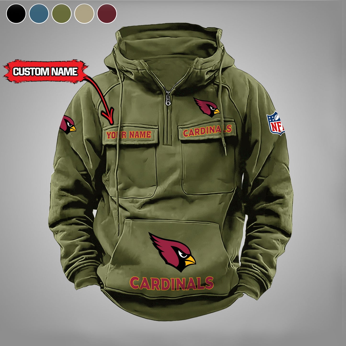 Arizona Cardinals  New Personalized Multi-Pockets Zip Hoodie AZBTMZHD000028