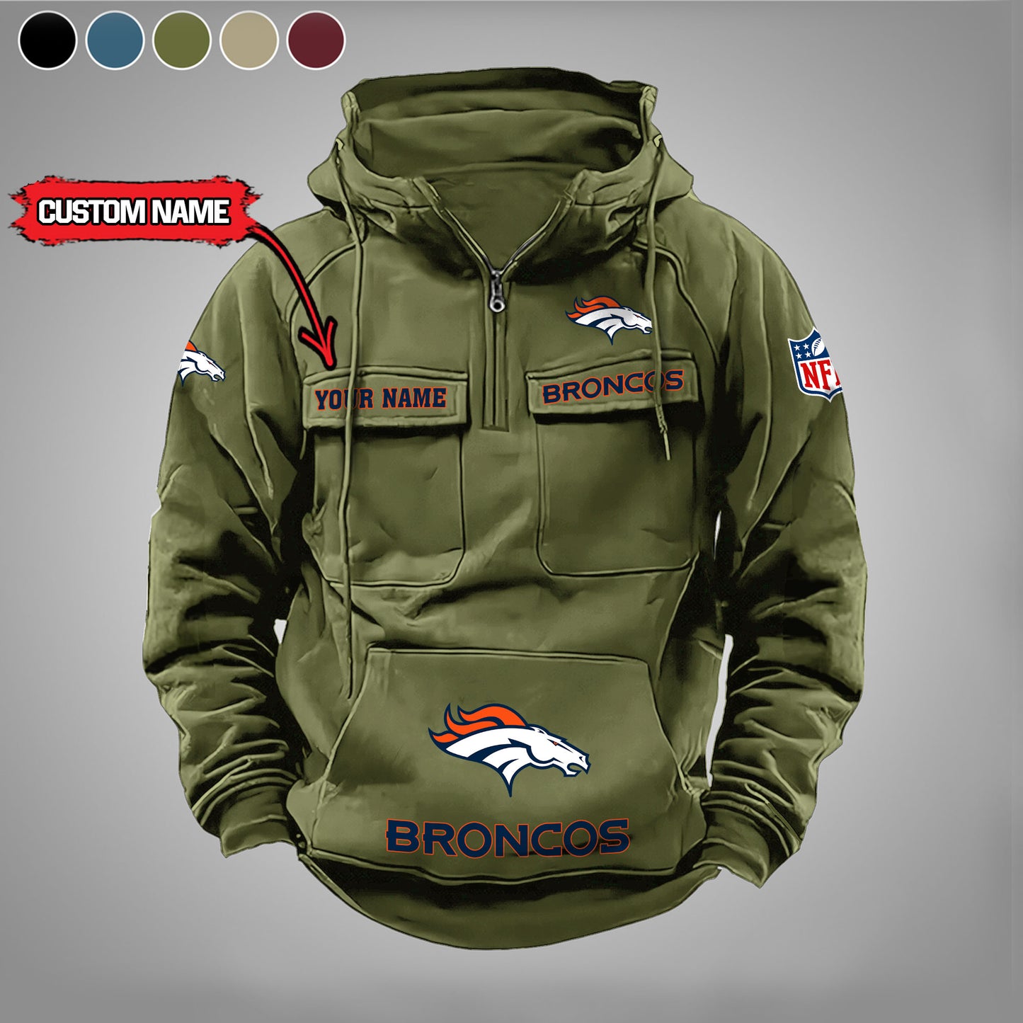 Denver Broncos  New Personalized Multi-Pockets Zip Hoodie AZBTMZHD000019