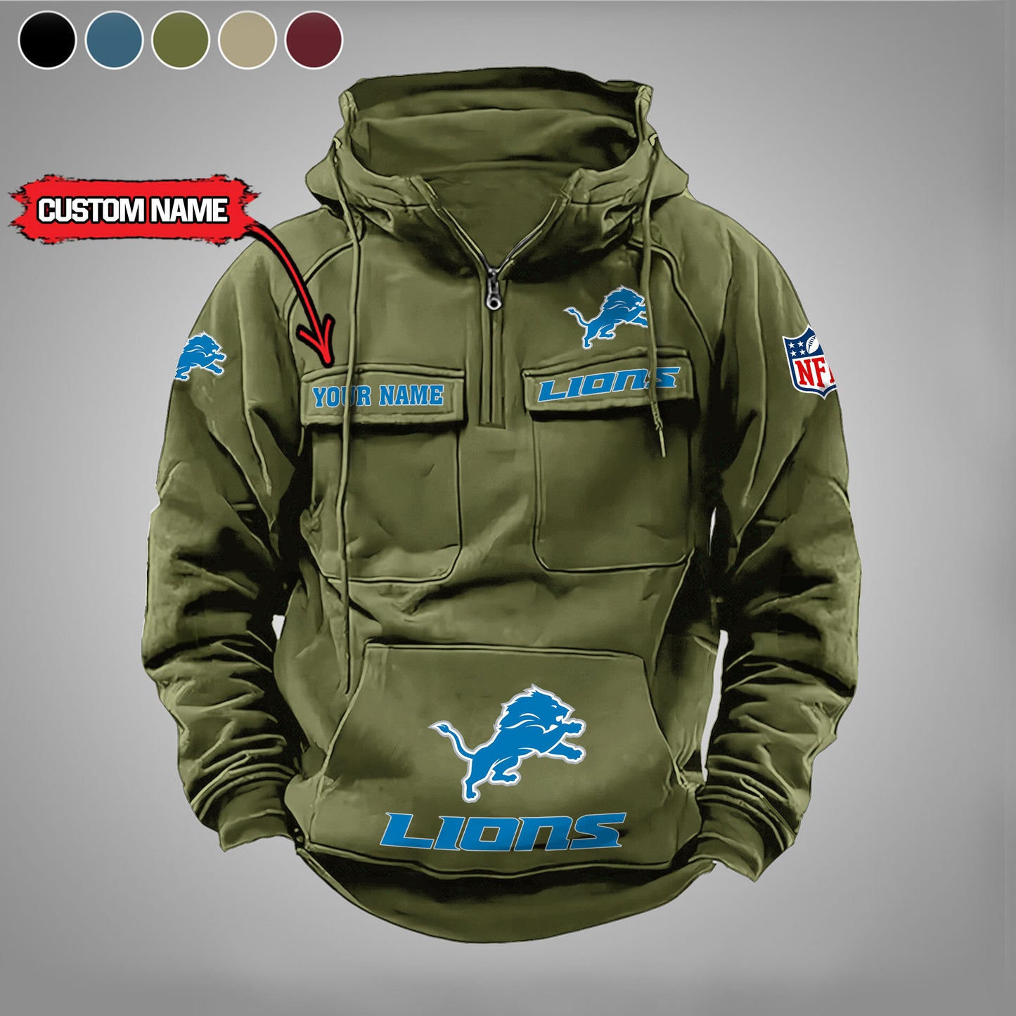 Detroit Lions  New Personalized Multi-Pockets Zip Hoodie AZBTMZHD000020