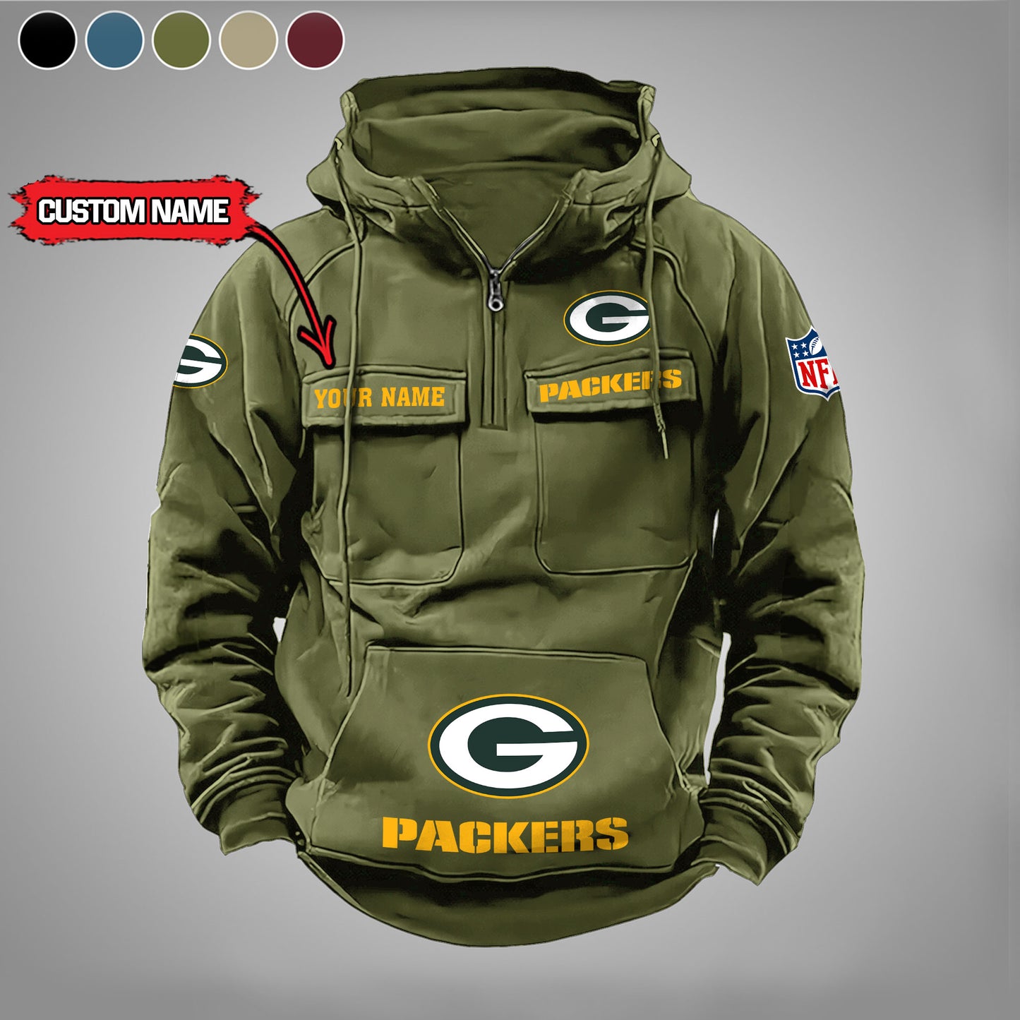 Green Bay Packers New Personalized Multi-Pockets Zip Hoodie AZBTMZHD000021