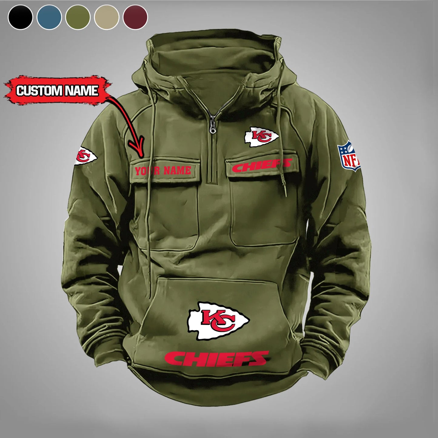 Kansas City Chiefs New Personalized Multi-Pockets Zip Hoodie AZBTMZHD000009