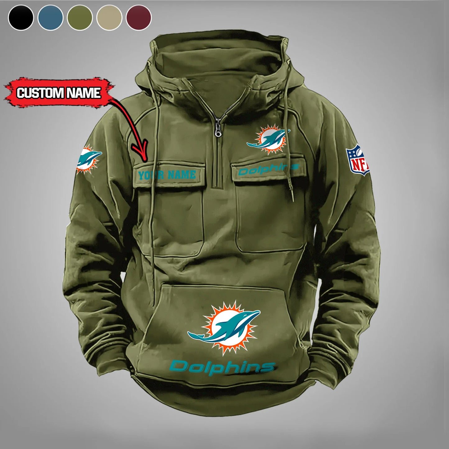 Miami Dolphins  New Personalized Multi-Pockets Zip Hoodie AZBTMZHD000010