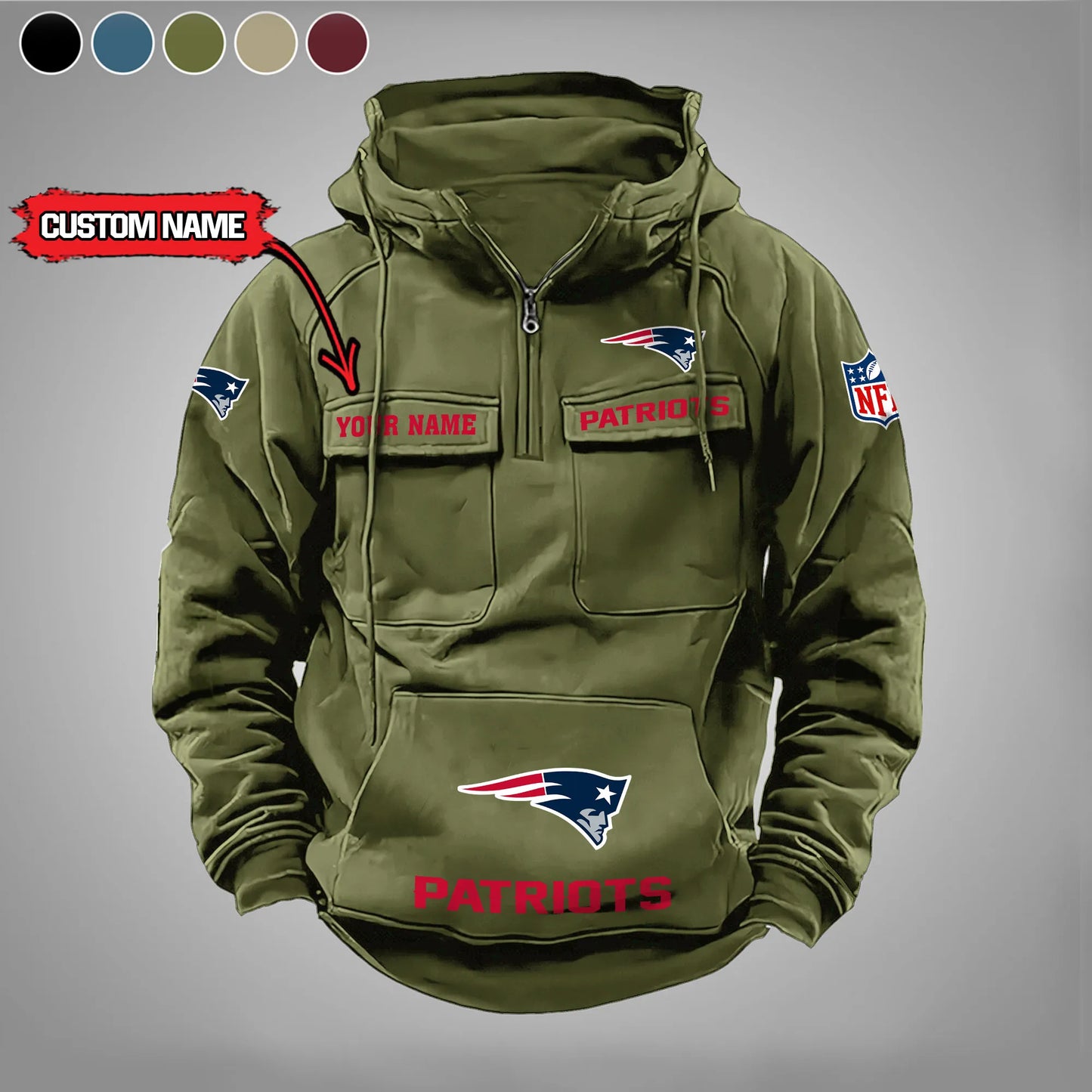 New England Patriots New Personalized Multi-Pockets Zip Hoodie AZBTMZHD000012