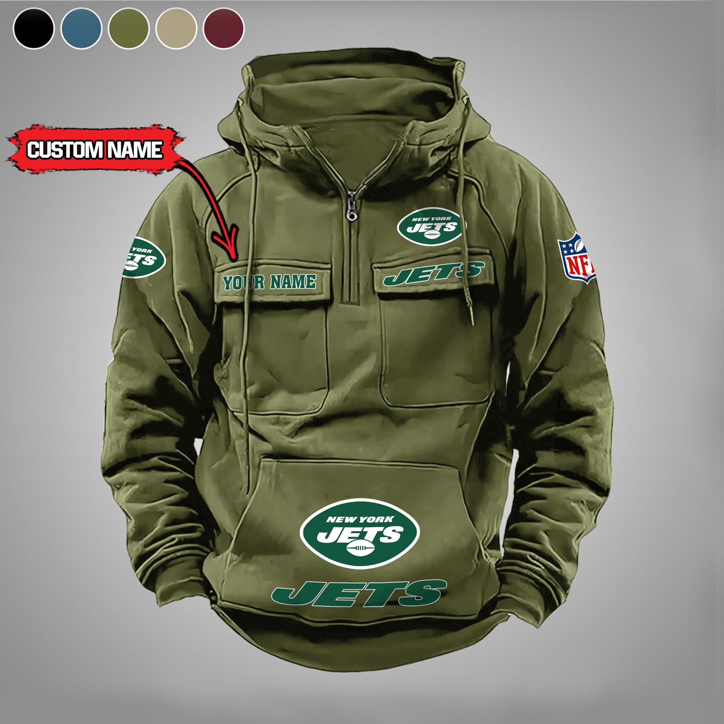New York Jets New Personalized Multi-Pockets Zip Hoodie AZBTMZHD000031