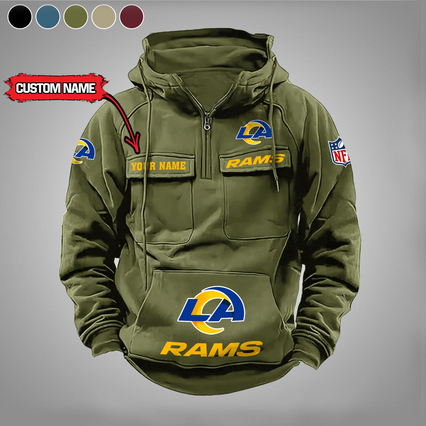 Los Angeles Rams New Personalized Multi-Pockets Zip Hoodie AZBTMZHD000002