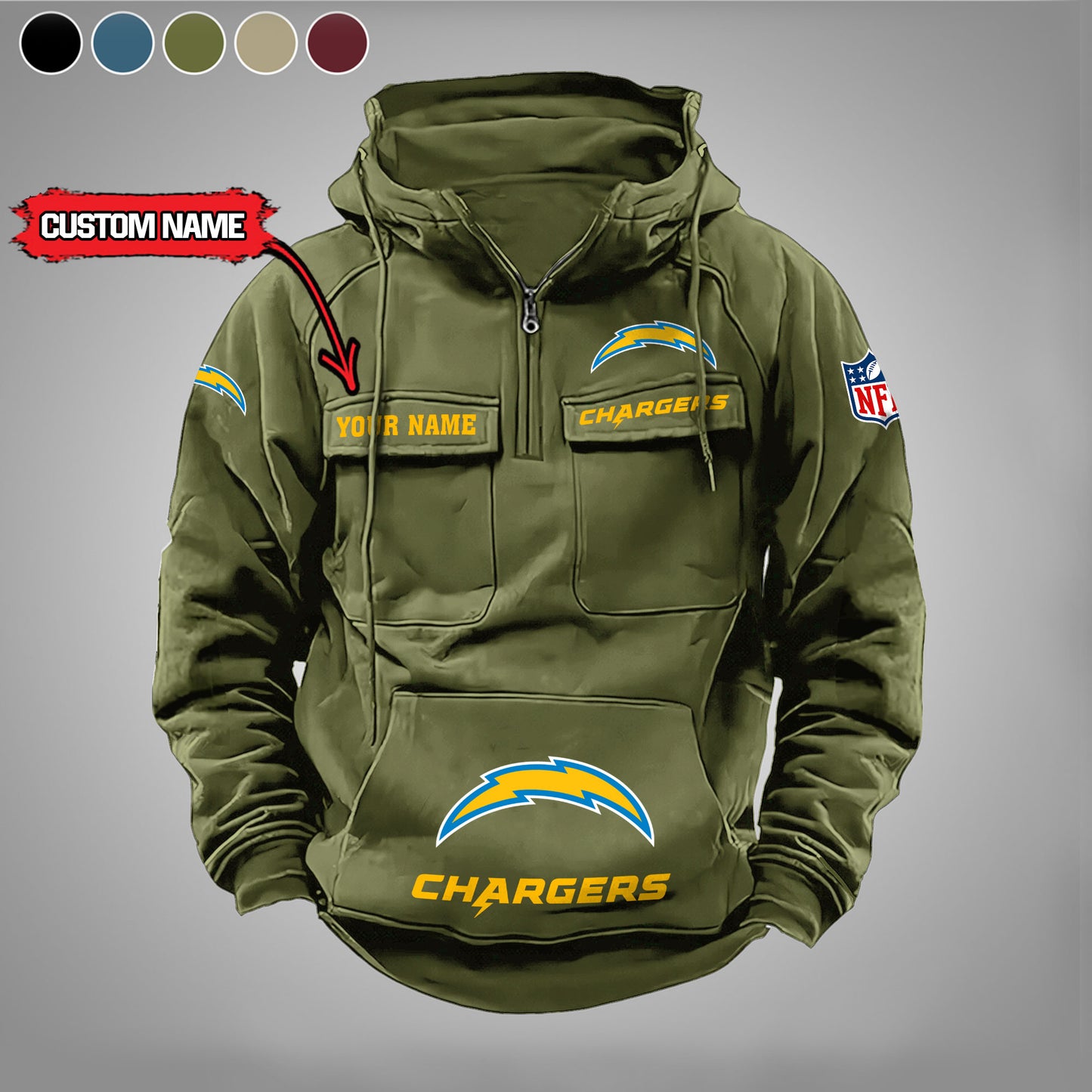 Los Angeles Chargers New Personalized Multi-Pockets Zip Hoodie AZBTMZHD000003
