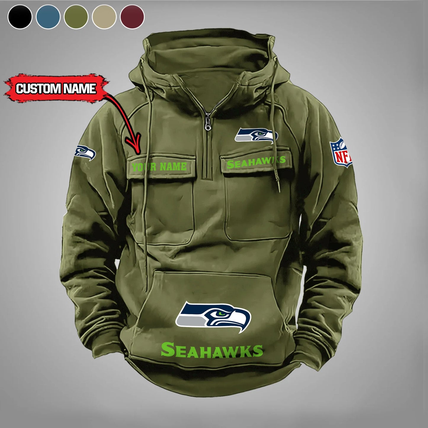Seattle Seahawks  New Personalized Multi-Pockets Zip Hoodie AZBTMZHD000005