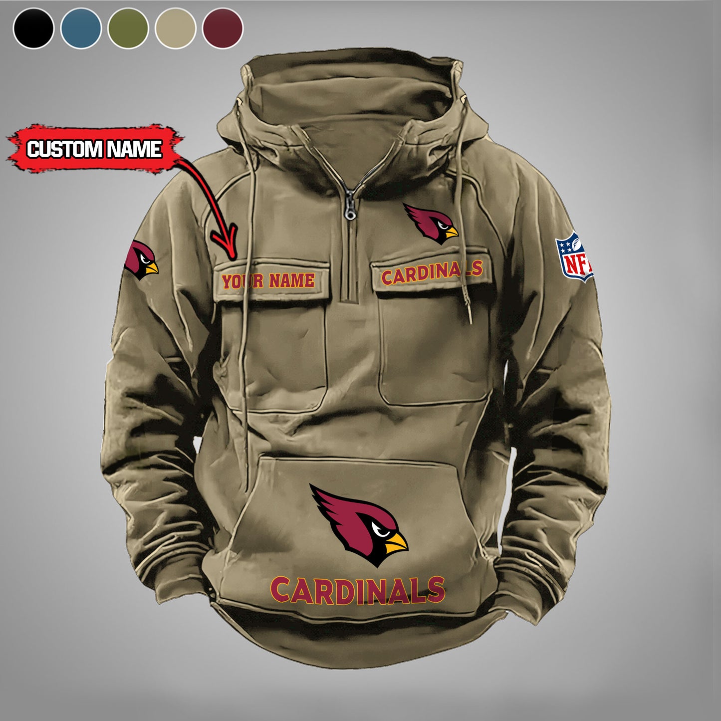 Arizona Cardinals  New Personalized Multi-Pockets Zip Hoodie AZBTMZHD000028