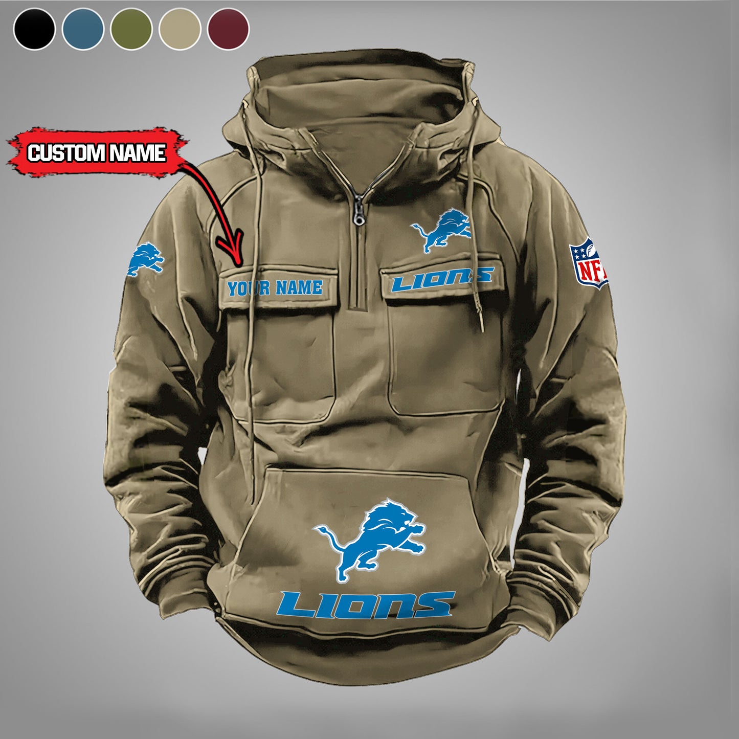 Detroit Lions  New Personalized Multi-Pockets Zip Hoodie AZBTMZHD000020