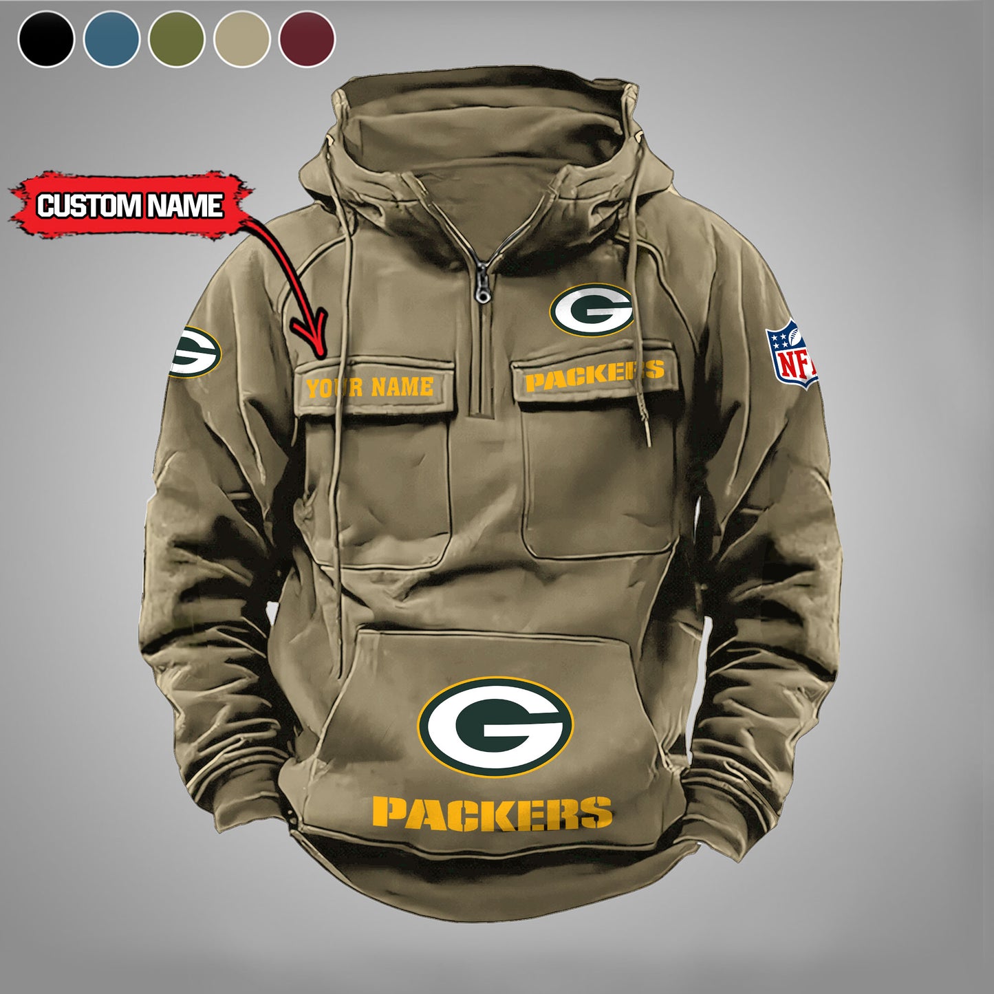 Green Bay Packers New Personalized Multi-Pockets Zip Hoodie AZBTMZHD000021