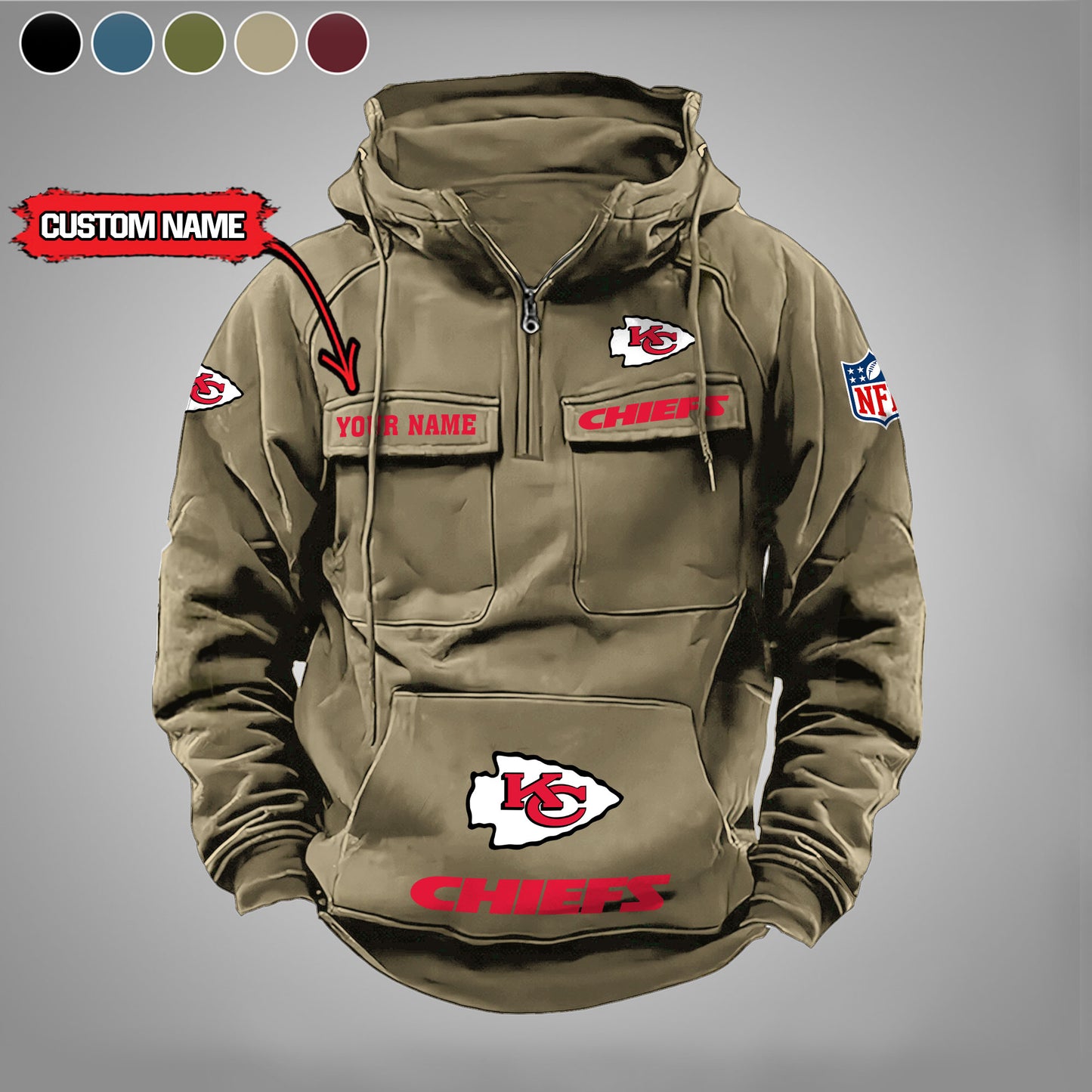 Kansas City Chiefs New Personalized Multi-Pockets Zip Hoodie AZBTMZHD000009