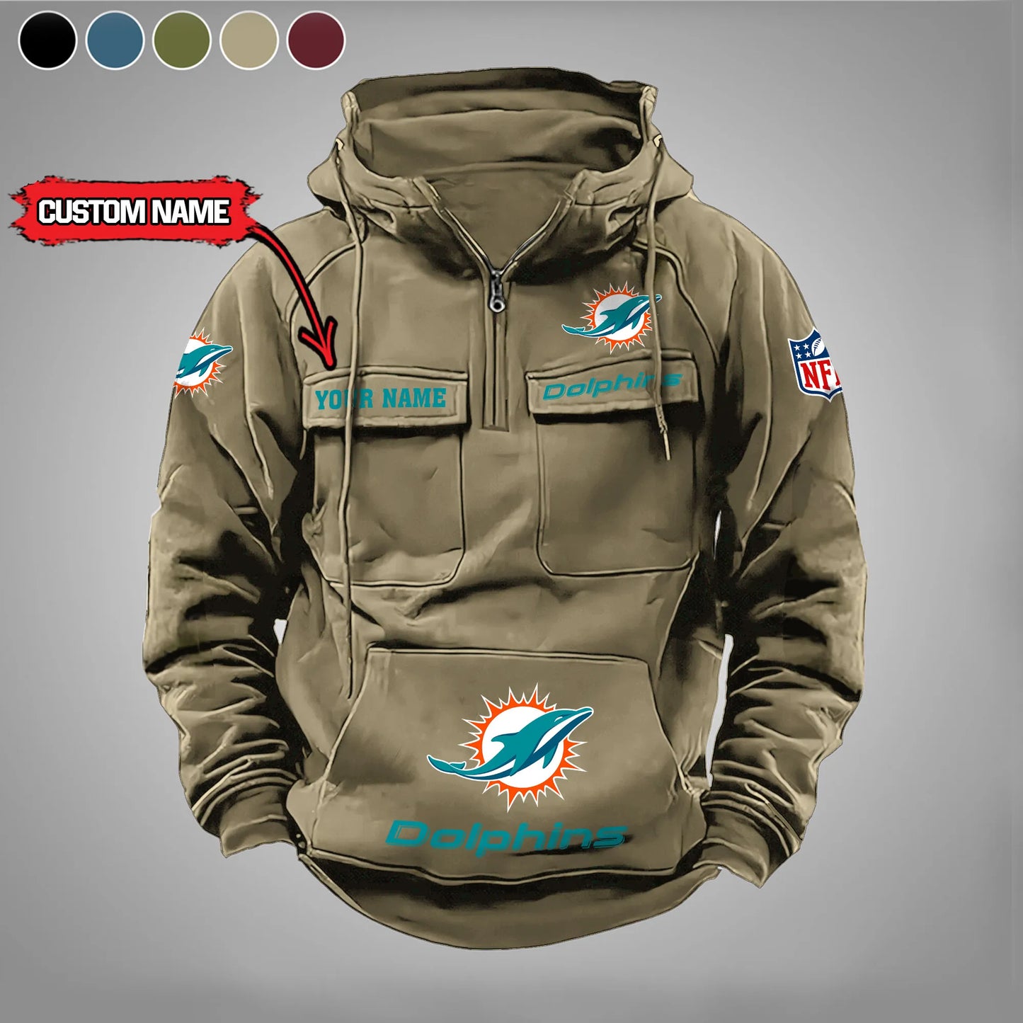 Miami Dolphins  New Personalized Multi-Pockets Zip Hoodie AZBTMZHD000010