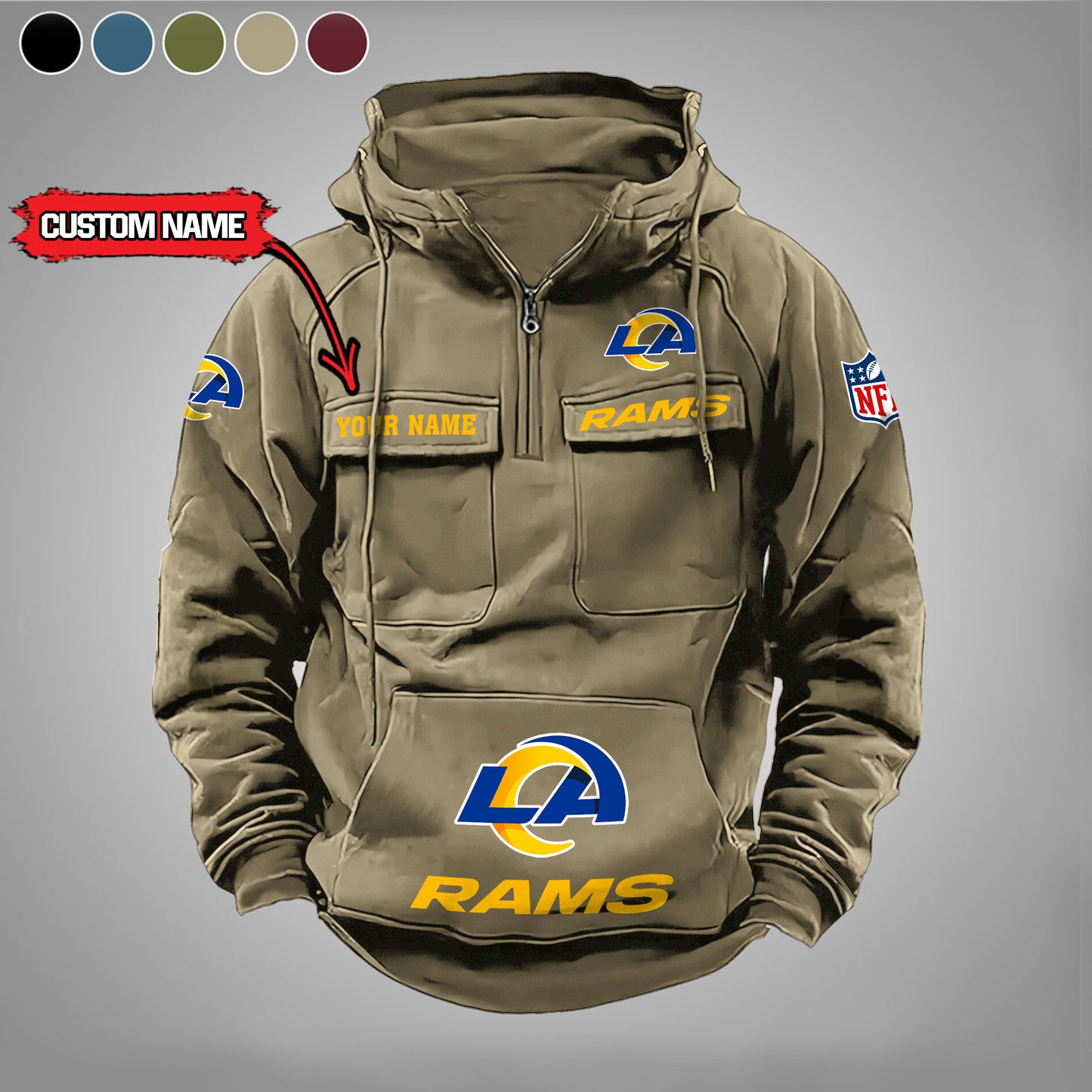 Los Angeles Rams New Personalized Multi-Pockets Zip Hoodie AZBTMZHD000002