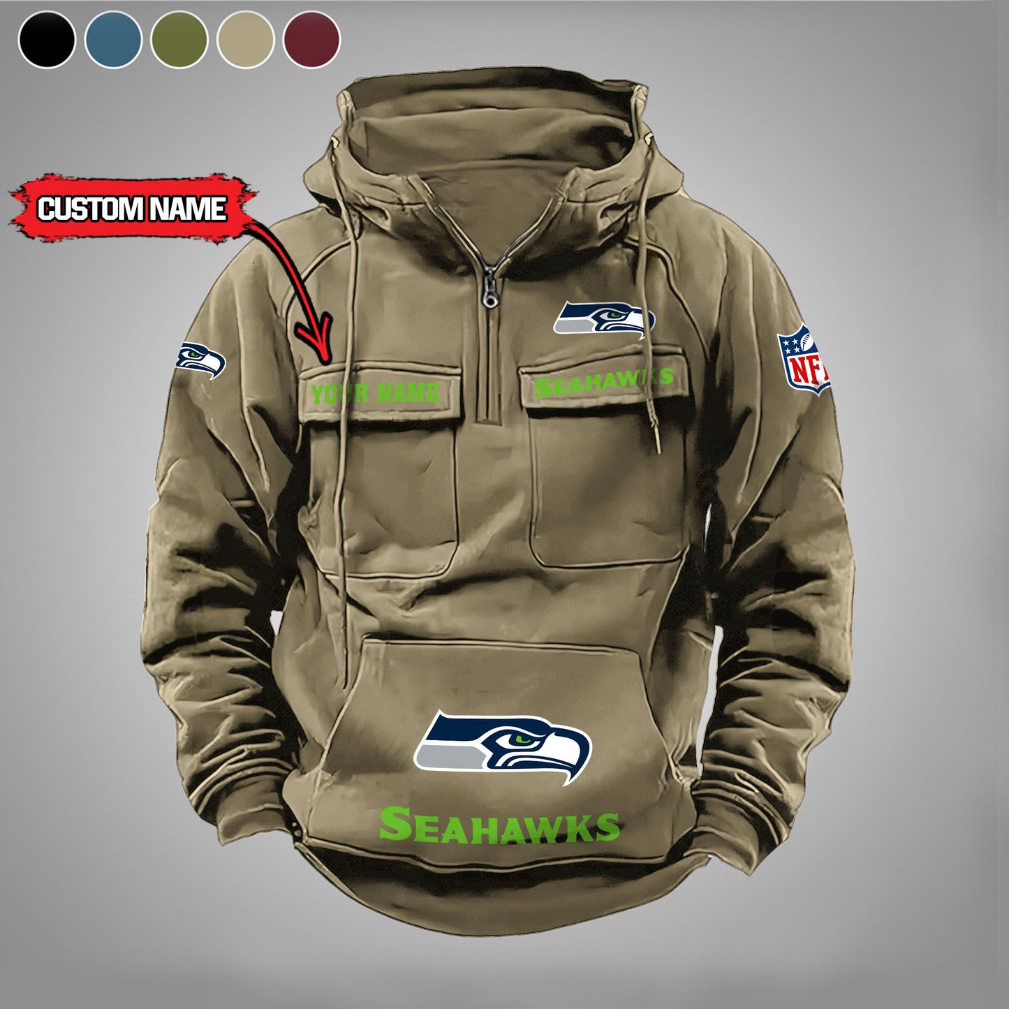 Seattle Seahawks  New Personalized Multi-Pockets Zip Hoodie AZBTMZHD000005