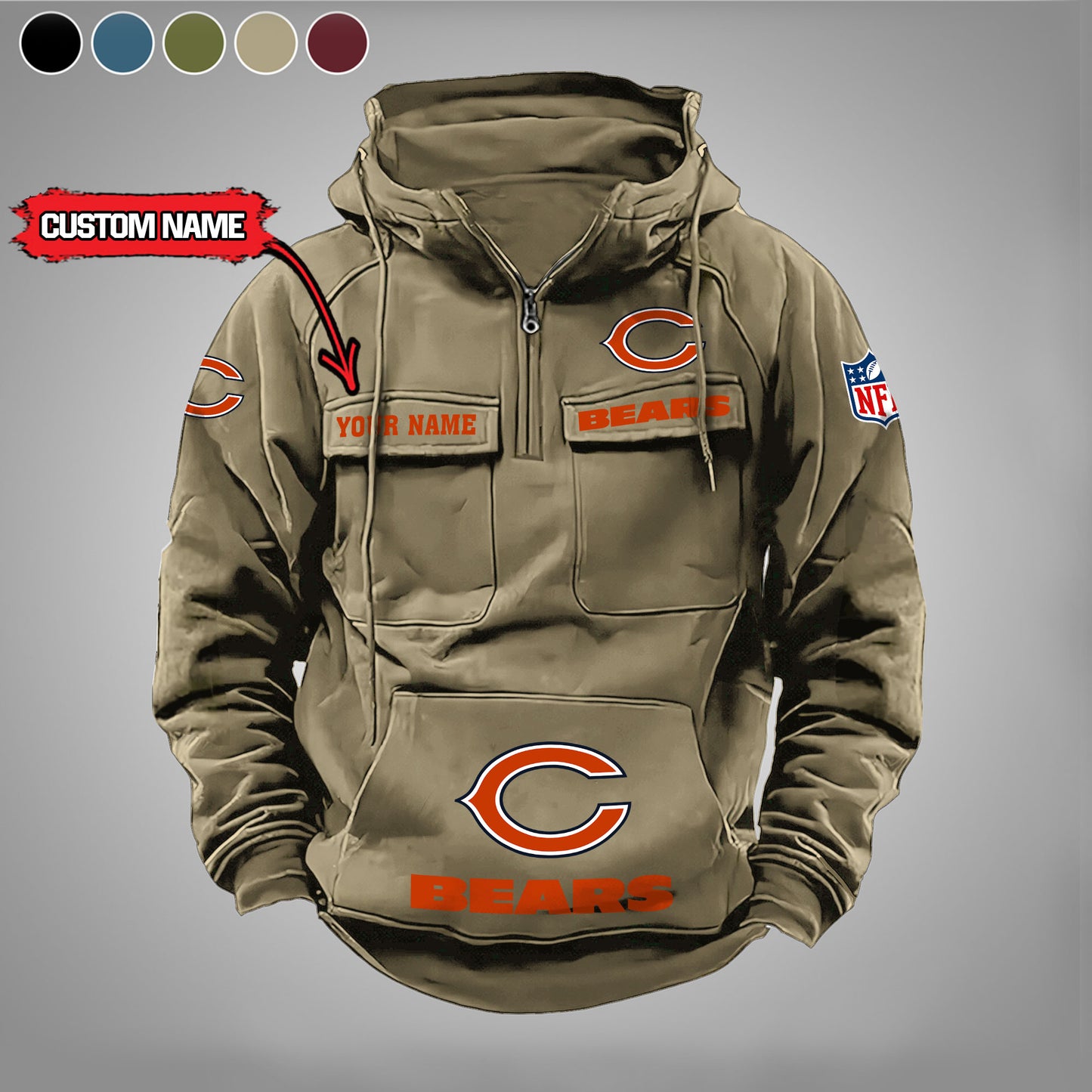 Chicago Bears  New Personalized Multi-Pockets Zip Hoodie AZBTMZHD000015