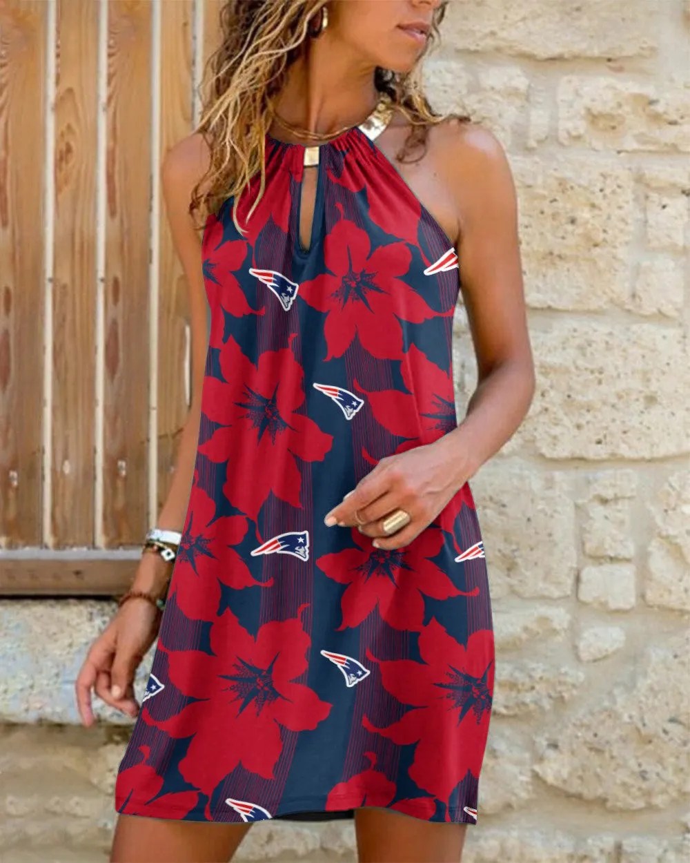 New England Patriots Summer Casual Metal Halter Neck Sleeveless Dress 30