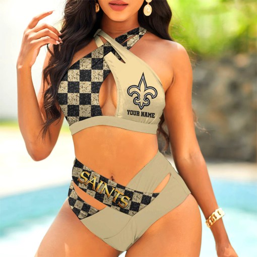 New Orleans Saints Women’s 2PCS Bikini Swimsuit Criss Cross Cutout Bathing Suit S9BCCB048