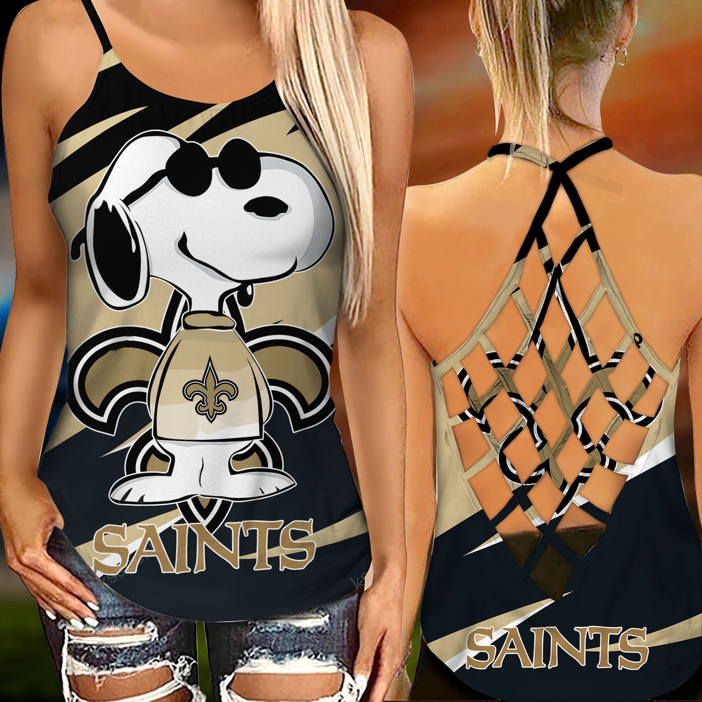 New Orleans Saints Leggings And Criss Cross Tank Top BG93