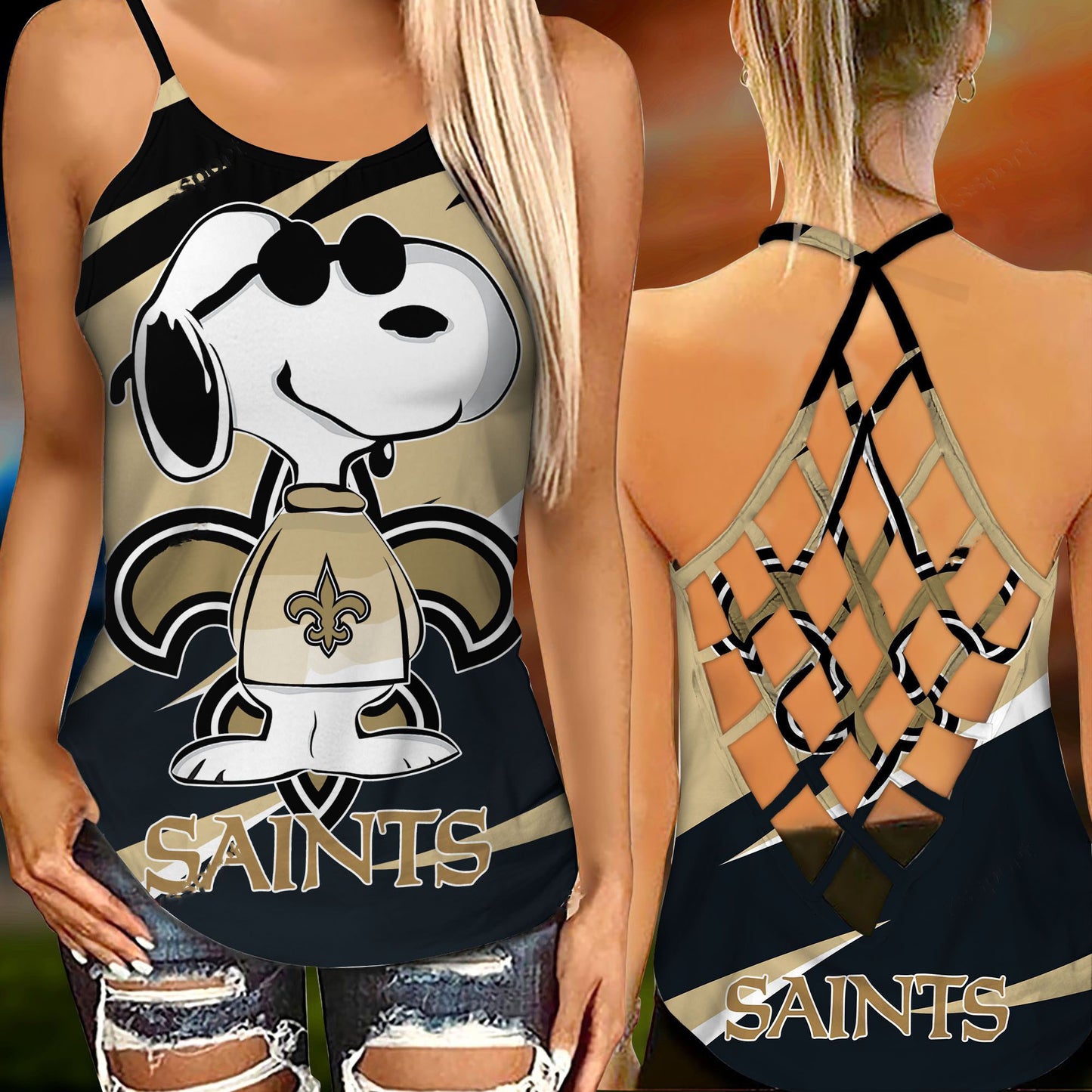New Orleans Saints Leggings And Criss Cross Tank Top BG93