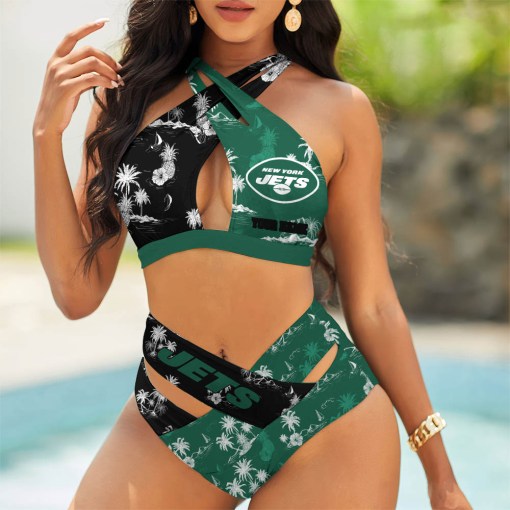 New York Jets Women’s 2PCS Bikini Swimsuit Criss Cross Cutout Bathing Suit S9BCCB082