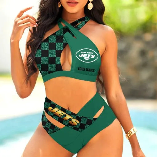 New York Jets Women’s 2PCS Bikini Swimsuit Criss Cross Cutout Bathing Suit S9BCCB050