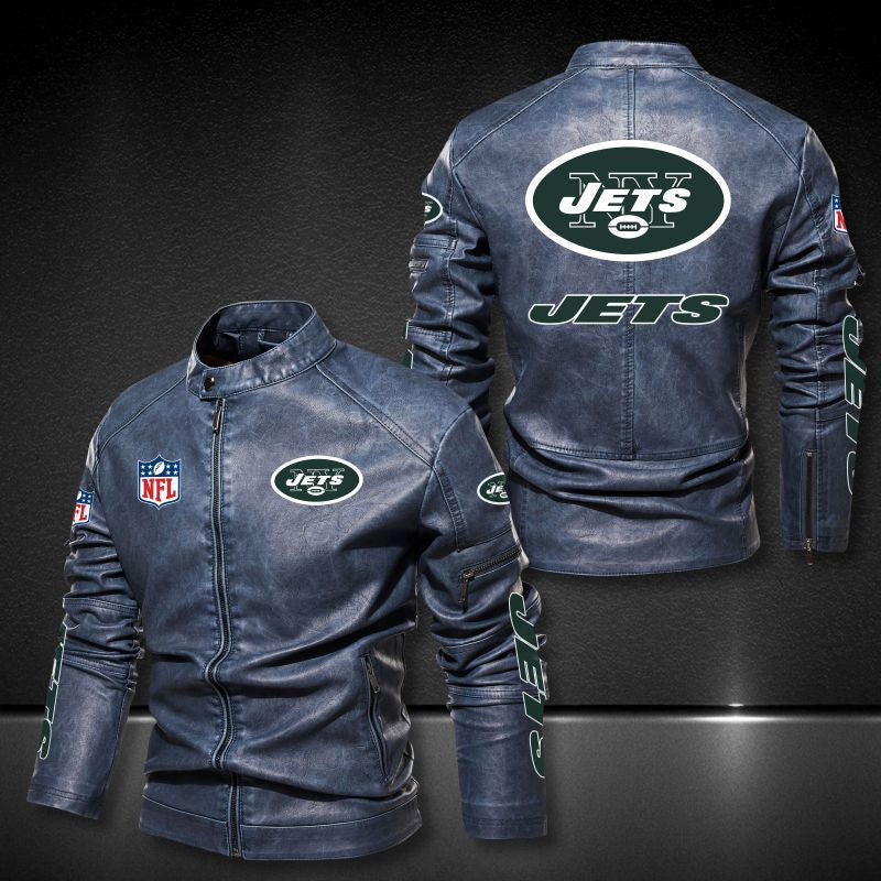 New York Jets Stand-up Collar Leather Jacket BG07