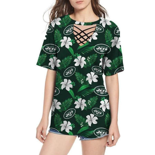 New York Jets Women Summer String Short Sleeve Shirt BG31