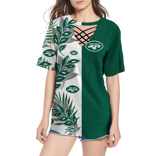 New York Jets Women Summer String Short Sleeve Shirt BG44