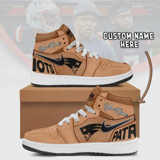 New England Patriots Limited Edition Brown High Air Jordan 1 Shoes with Custom Name AZBTAJ1SEW000047