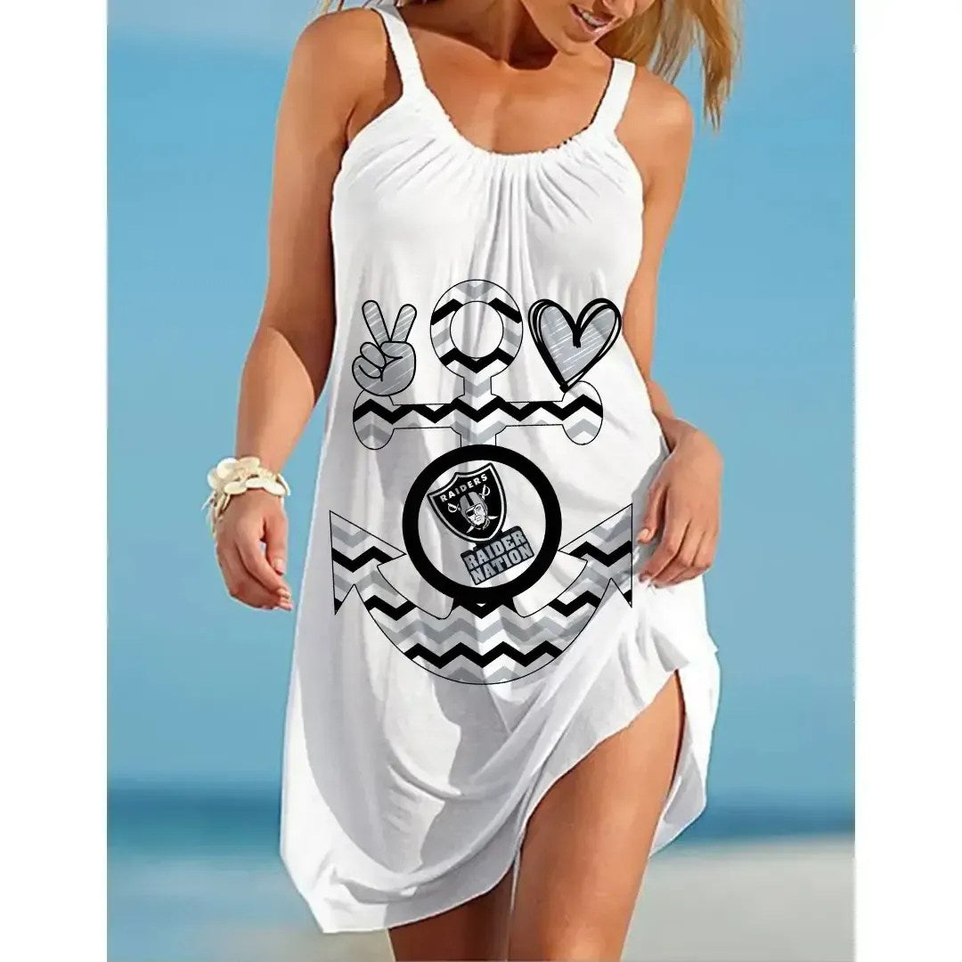 NFL Las Vegas Raiders Print Casual Sleeveless Cover Up Beach Dress 51