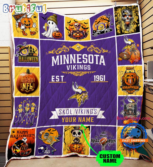 Minnesota Vikings Special Pumpkin Halloween Quilt Blanket AZBTQLT000021