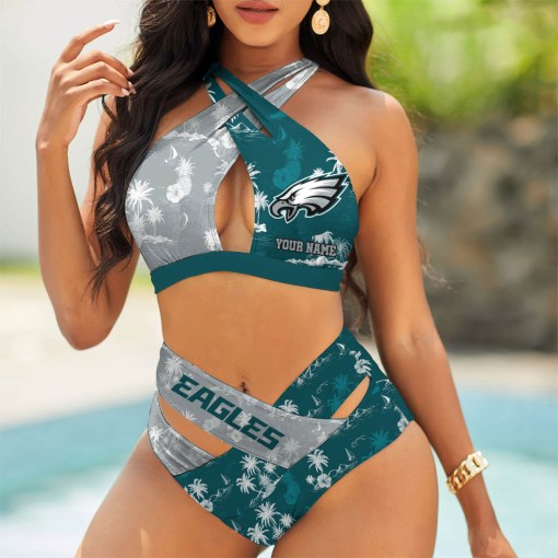 Philadelphia Eagles Women’s 2PCS Bikini Swimsuit Criss Cross Cutout Bathing Suit S9BCCB083