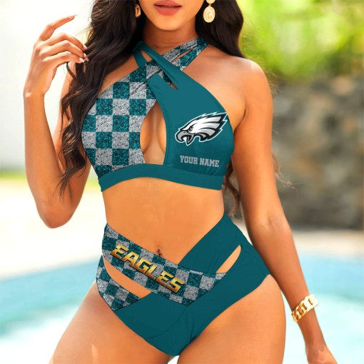 Philadelphia Eagles Women’s 2PCS Bikini Swimsuit Criss Cross Cutout Bathing Suit S9BCCB051
