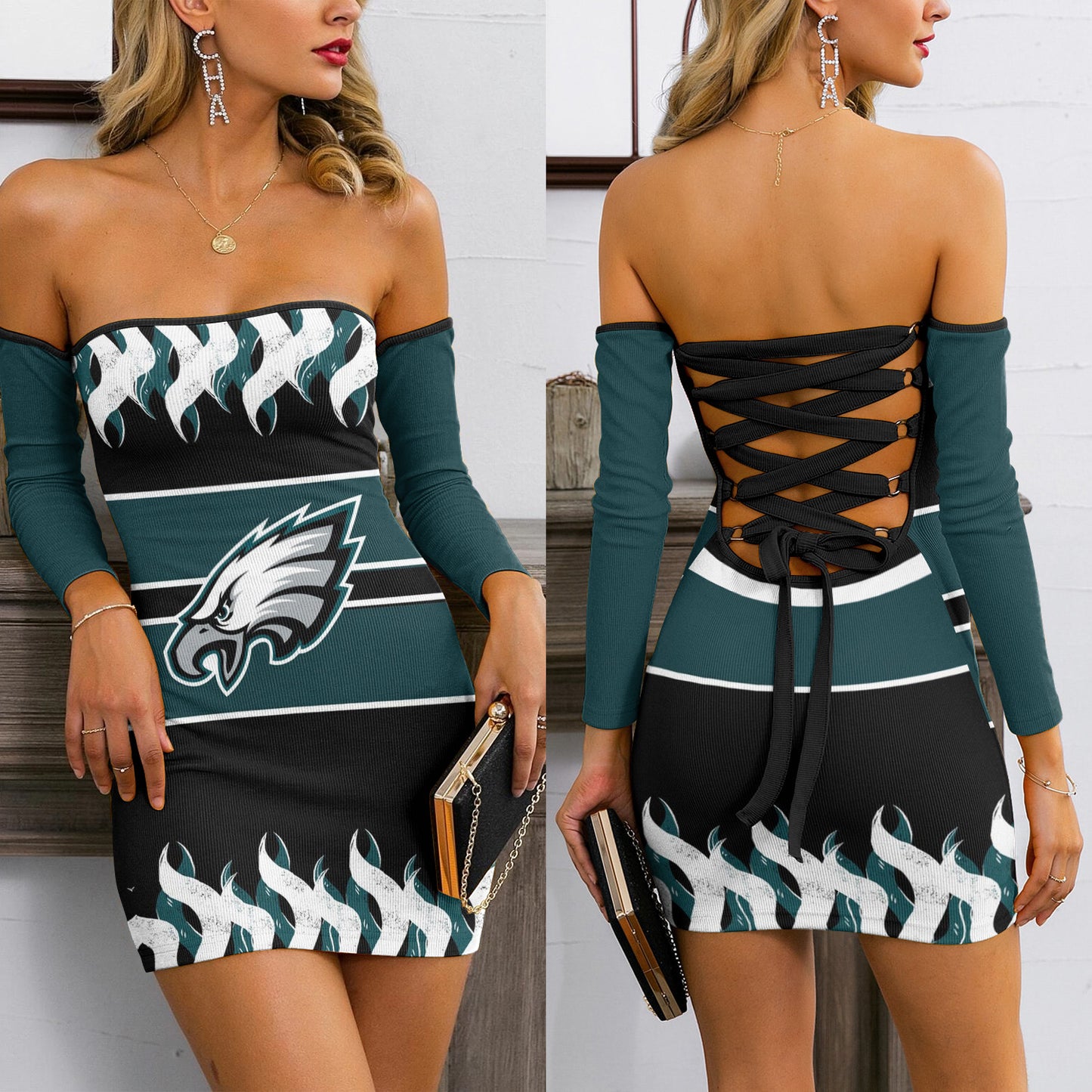 Philadelphia Eagles Lace Up Back Bardot Bodycon Dress BG18