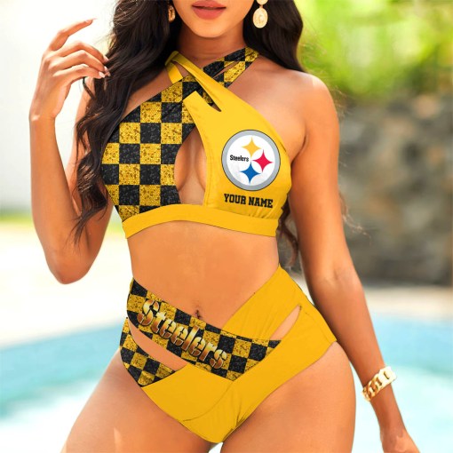 Pittsburgh Steelers Women’s 2PCS Bikini Swimsuit Criss Cross Cutout Bathing Suit S9BCCB052