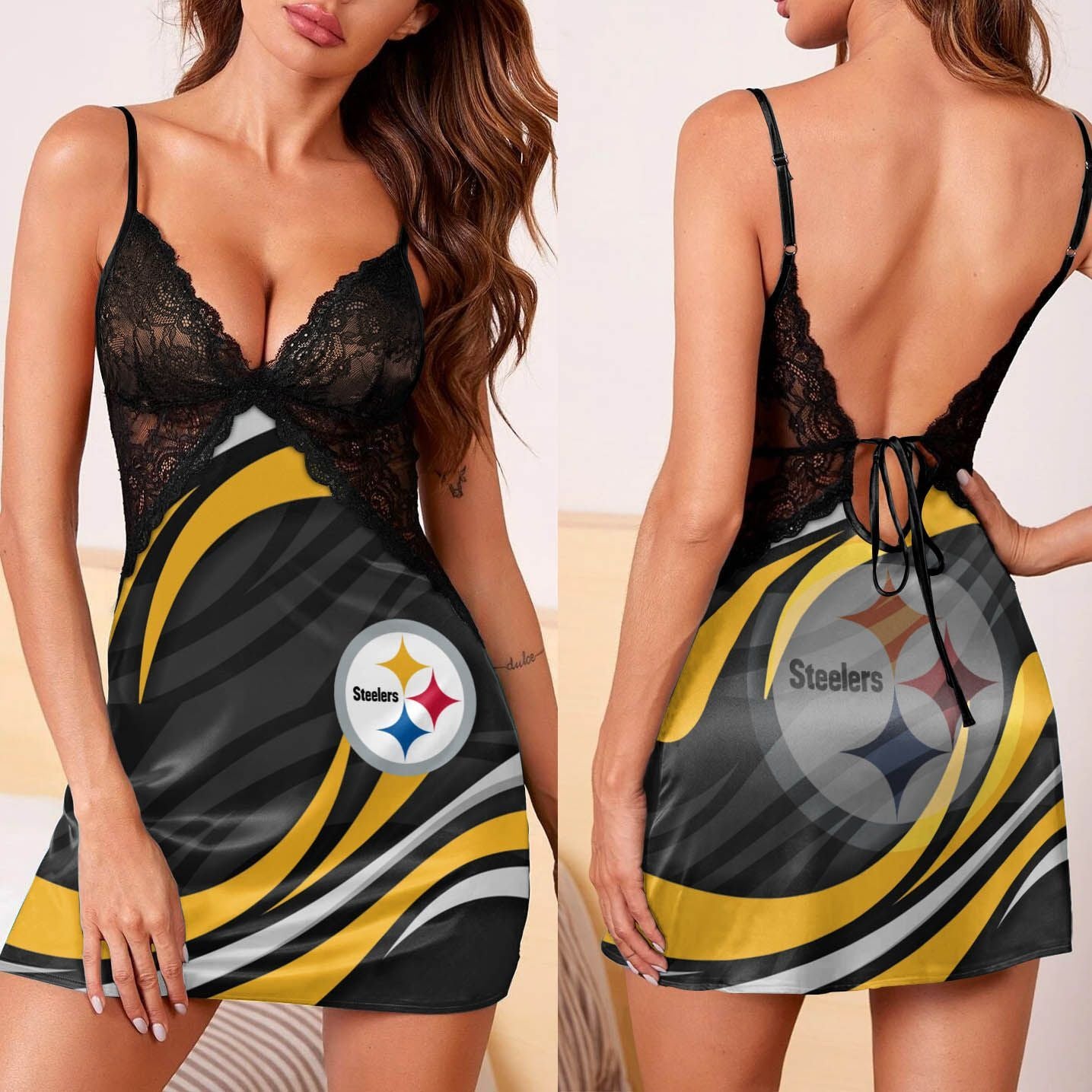 Pittsburgh Steelers Lace Back Strap Slip Dress 05