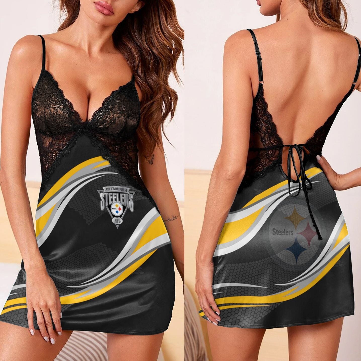 Pittsburgh Steelers Lace Back Strap Slip Dress 106