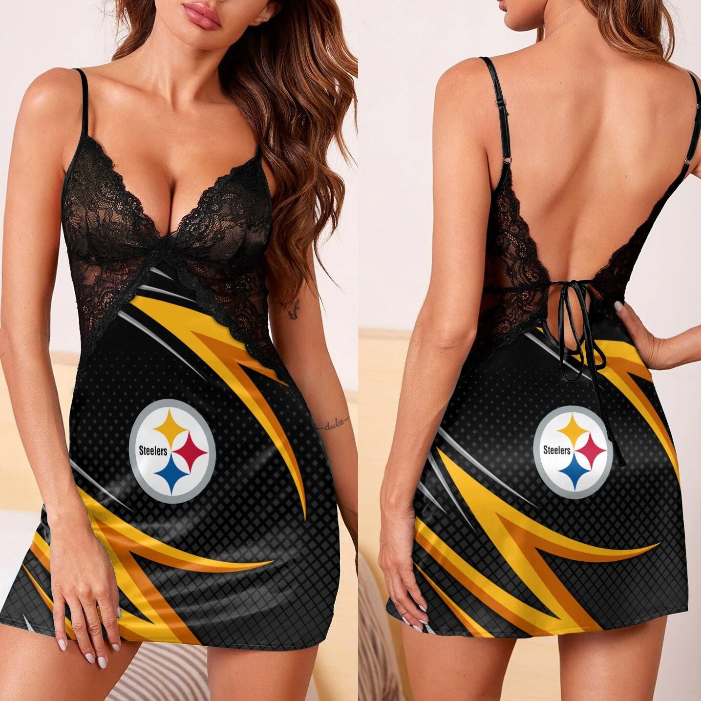 Pittsburgh Steelers Lace Back Strap Slip Dress 165