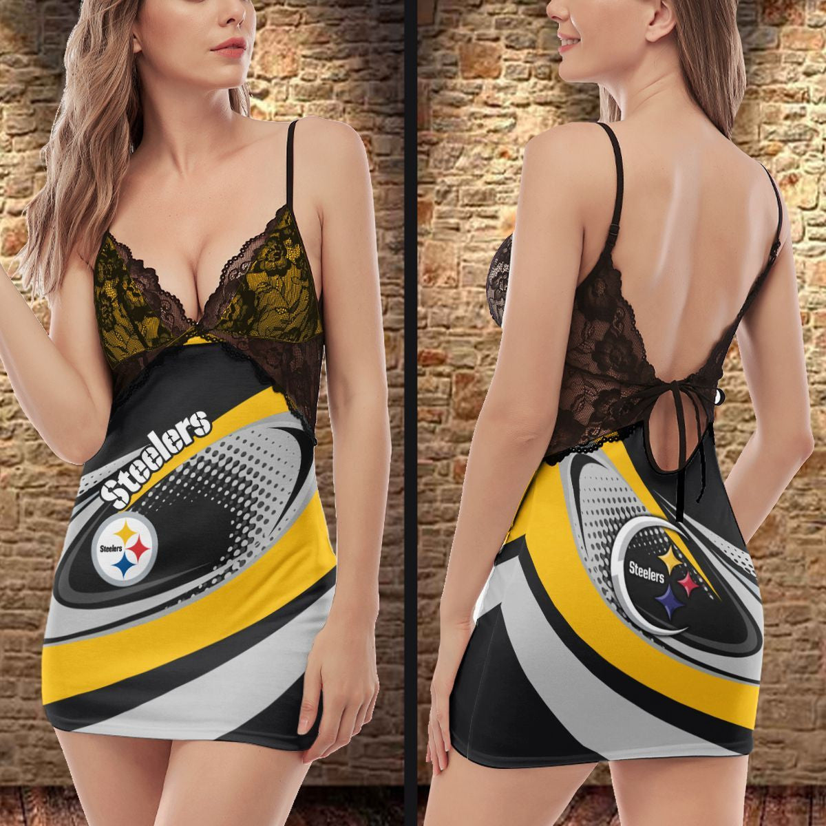 Pittsburgh Steelers Lace Back Strap Slip Dress 199