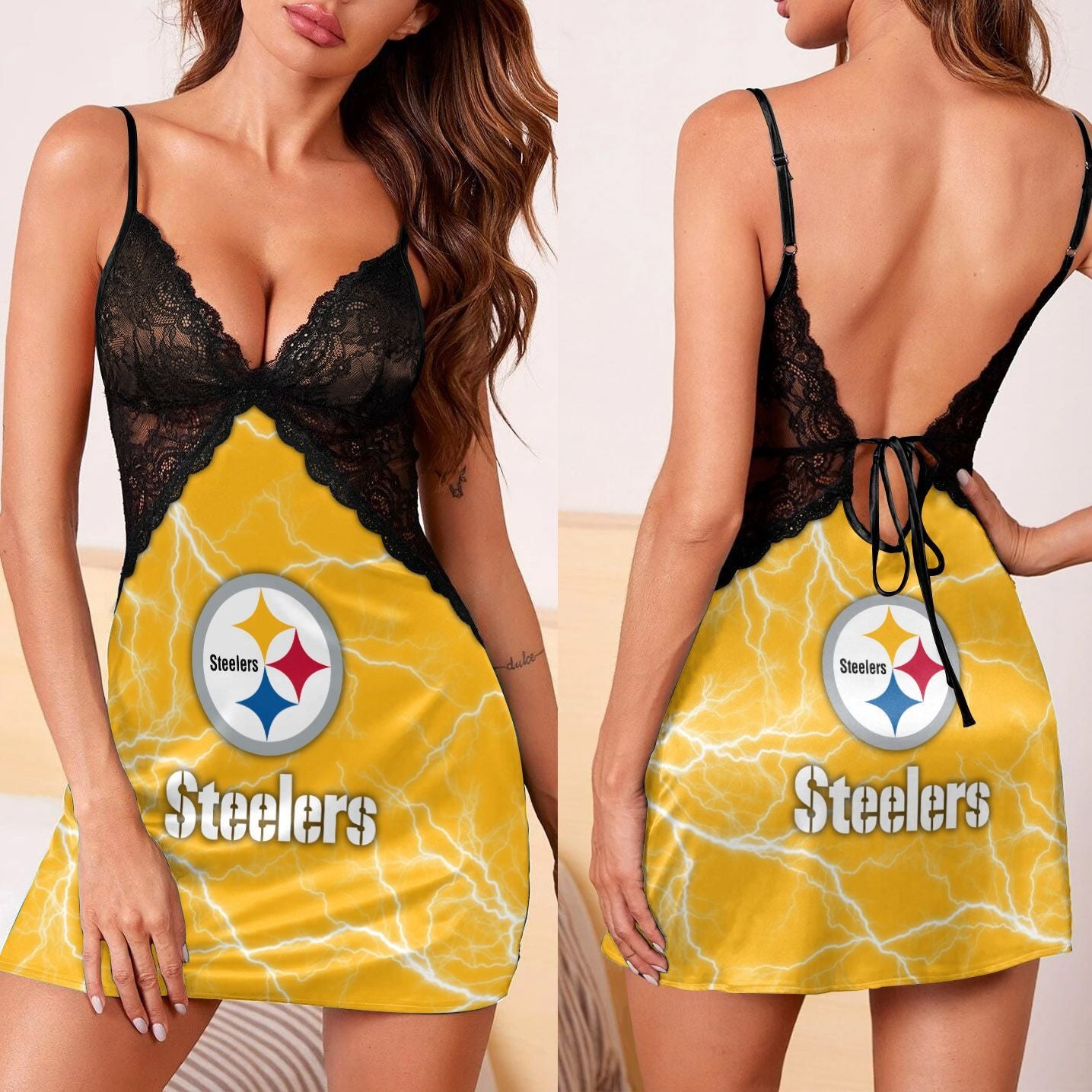 Pittsburgh Steelers Lace Back Strap Slip Dress 77