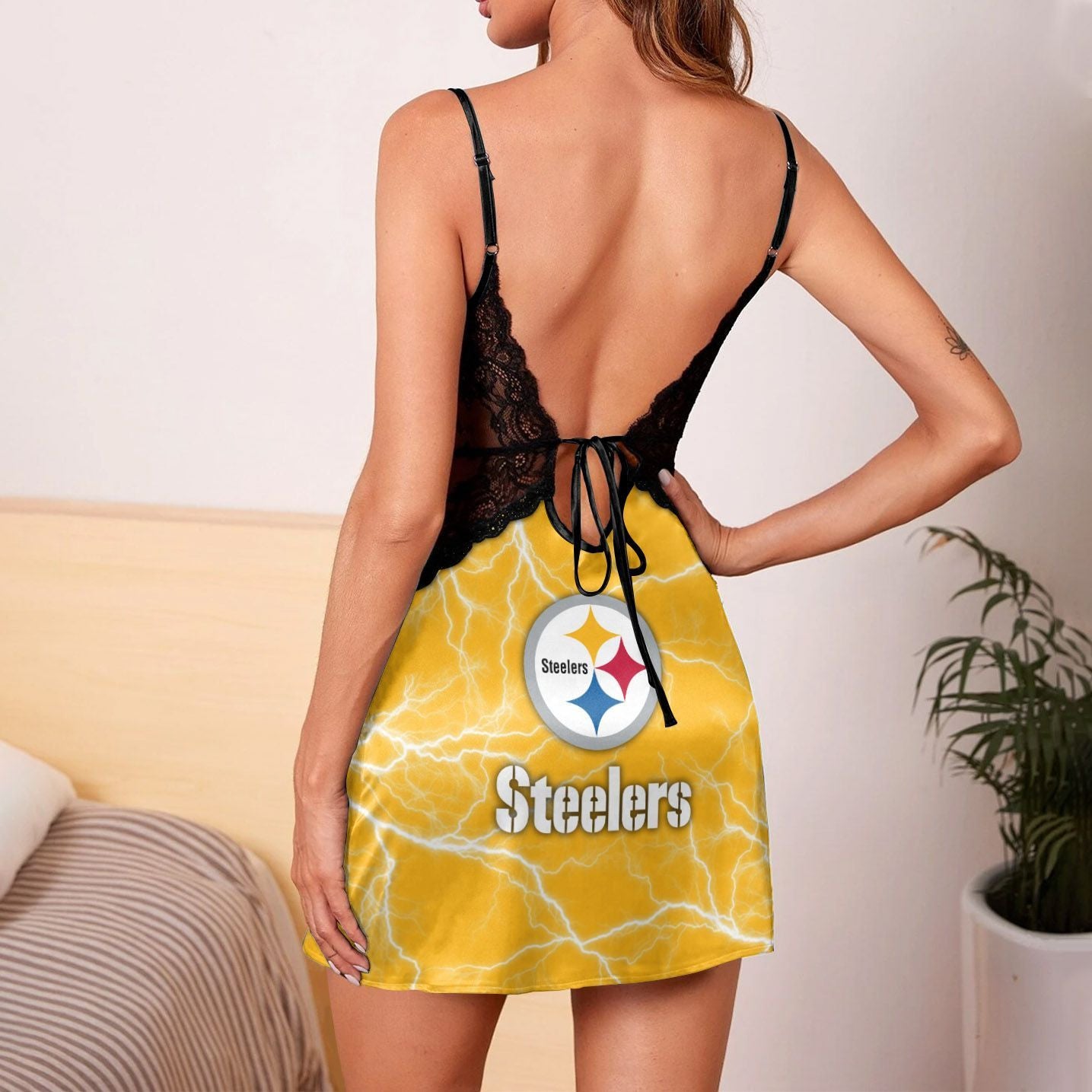 Pittsburgh Steelers Lace Back Strap Slip Dress 77