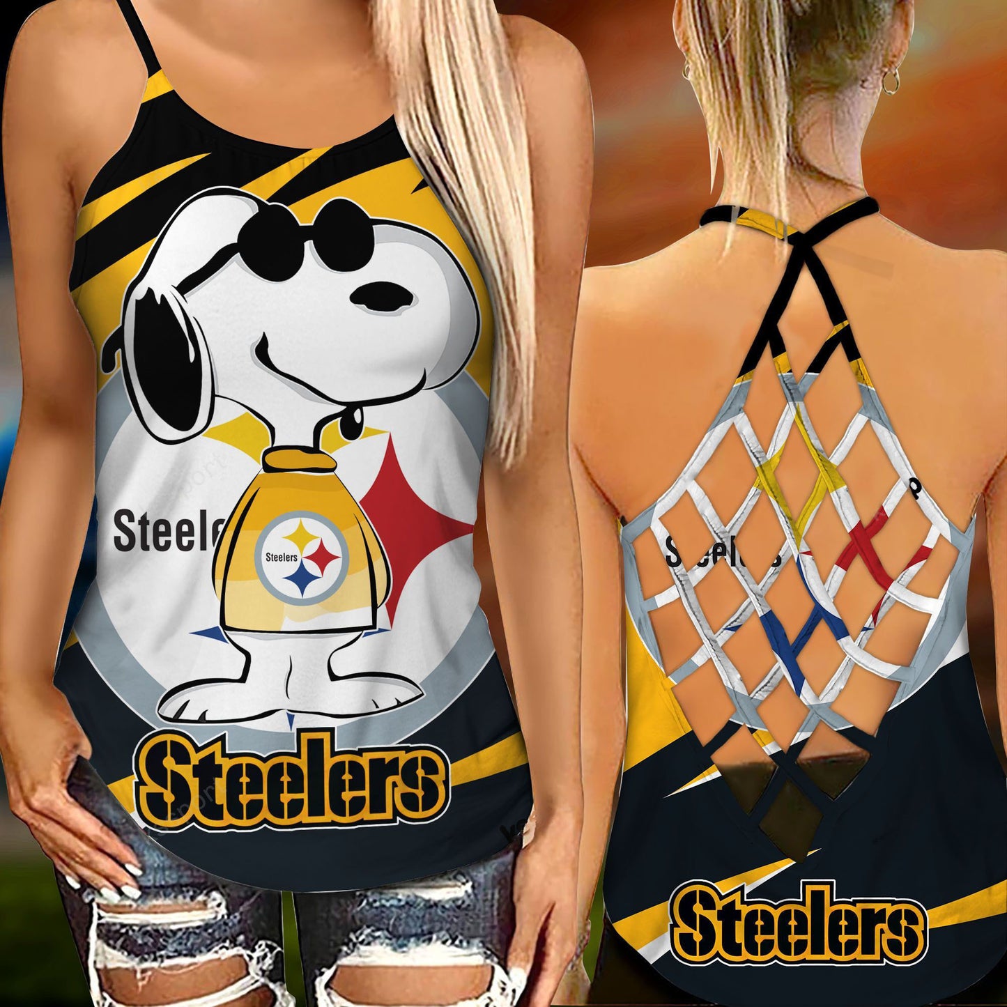 Pittsburgh Steelers Leggings And Criss Cross Tank Top BG97